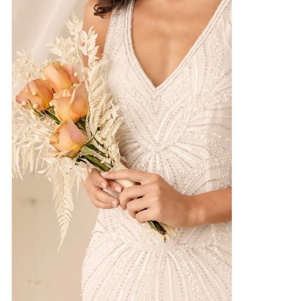 Lulu's White Beaded V-Neck Wedding Dress - Picture 2 of 10